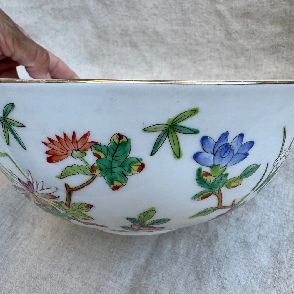 Vintage 70s Hong Kong Porcelain Bowl 60s Famille Rose Grasshopper Floral 9in